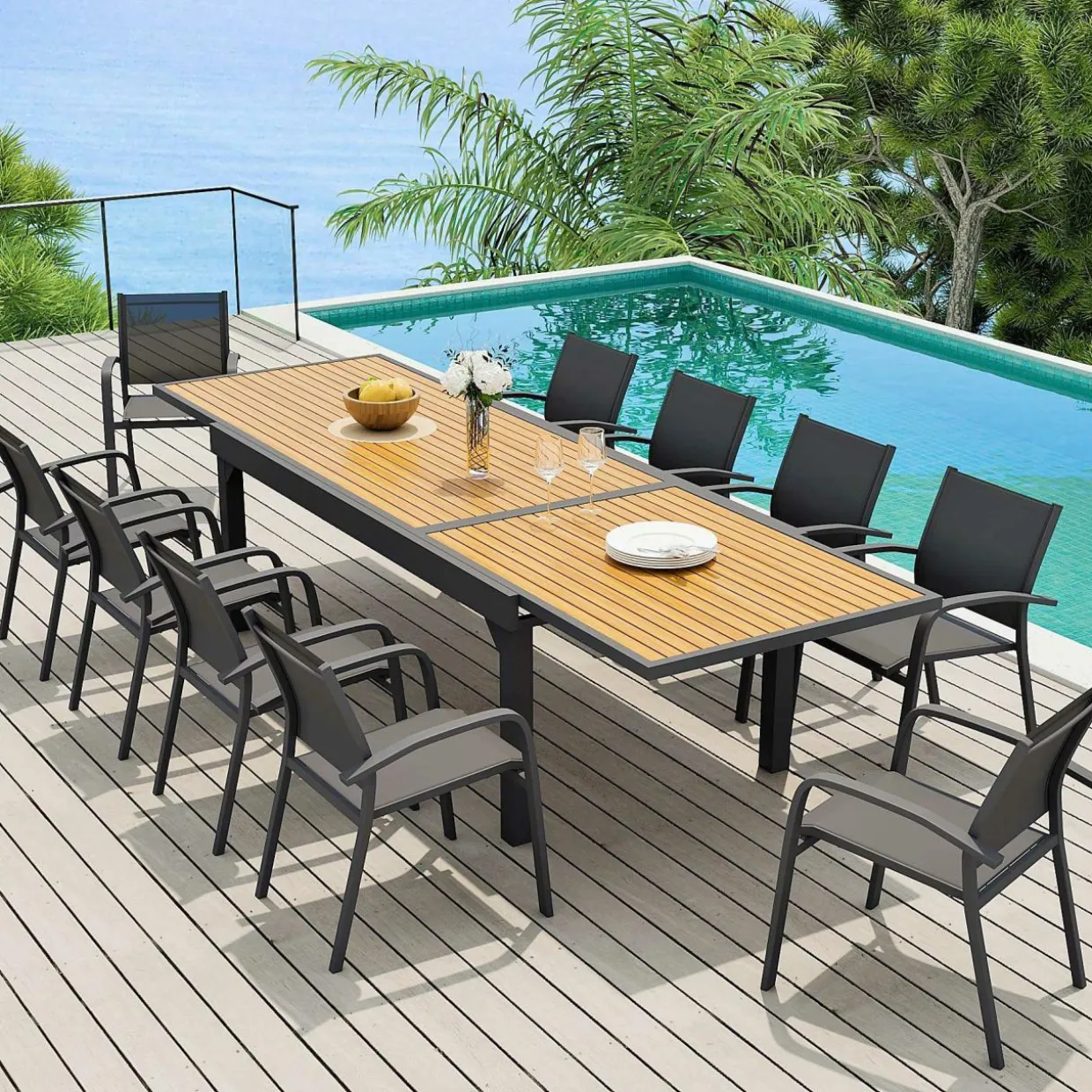 Table de jardin extensible en aluminium 12 places effet bois (200/320 x 100 cm) Murano Gris anthracite