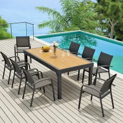 Table de jardin extensible en aluminium 12 places effet bois (200/320 x 100 cm) Murano Gris anthracite