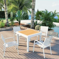 Table de jardin extensible en aluminium 8 places effet bois (90/180 x 90 cm) Murano Blanc