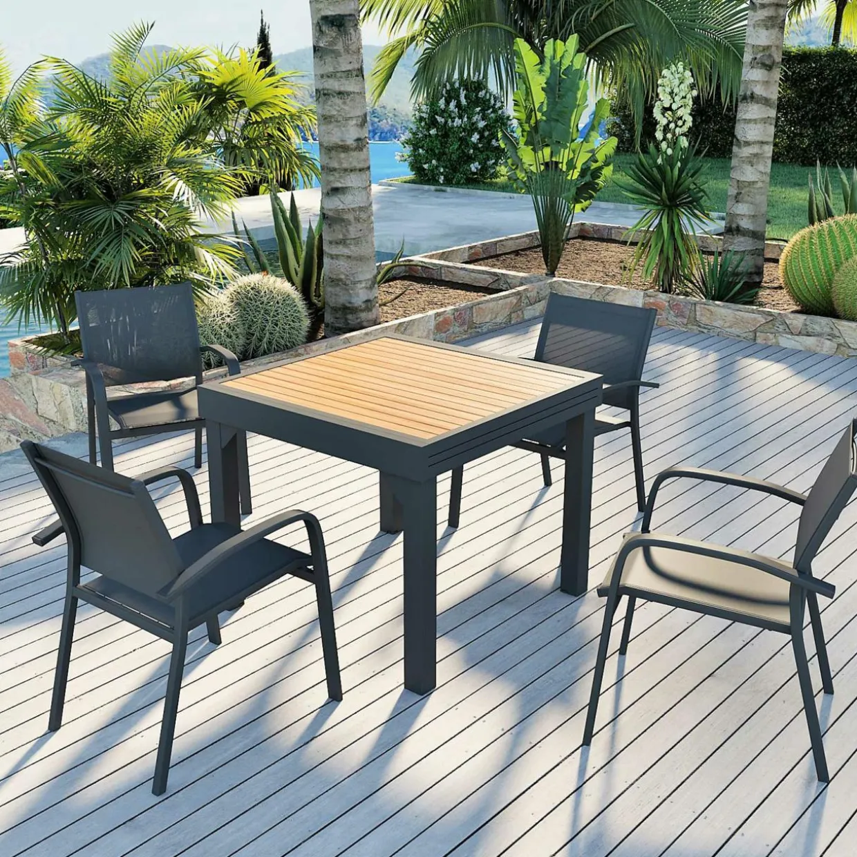 Table de jardin extensible en aluminium 8 places effet bois (90/180 x 90 cm) Murano Gris anthracite