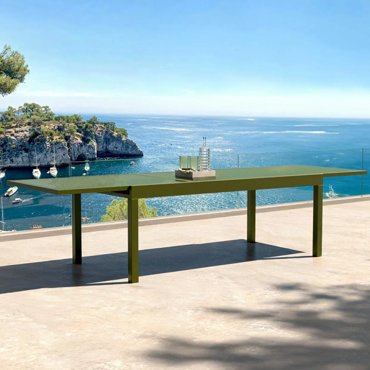 Table de jardin extensible en verre 12 places (200/320 x 100 cm) Murano Vert olive