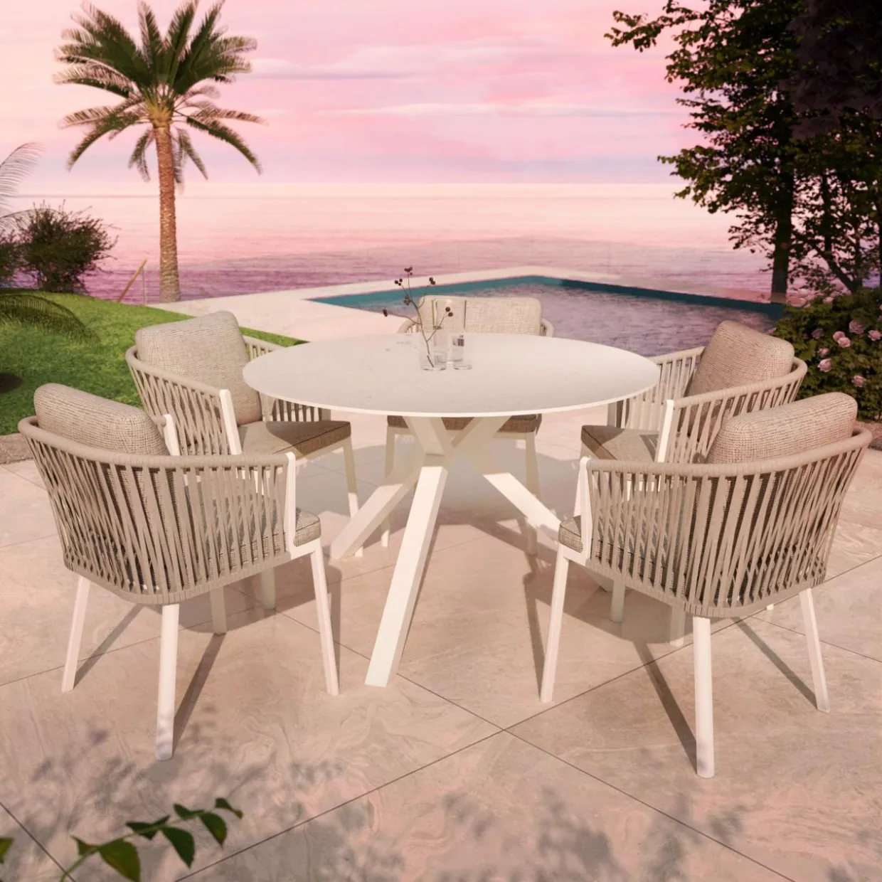 Table de jardin ronde en aluminium et céramique 6 places (D120 cm) Kore Blanc