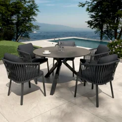 Table de jardin ronde en aluminium et céramique 6 places (D120 cm) Kore Gris anthracite