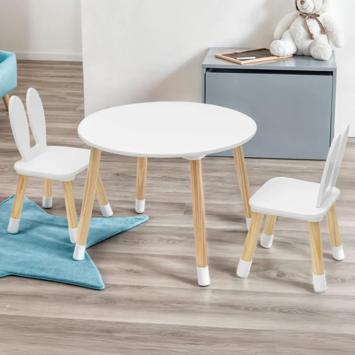 Table et 2 chaises enfant bois lapin (H44 cm) Lila Blanc