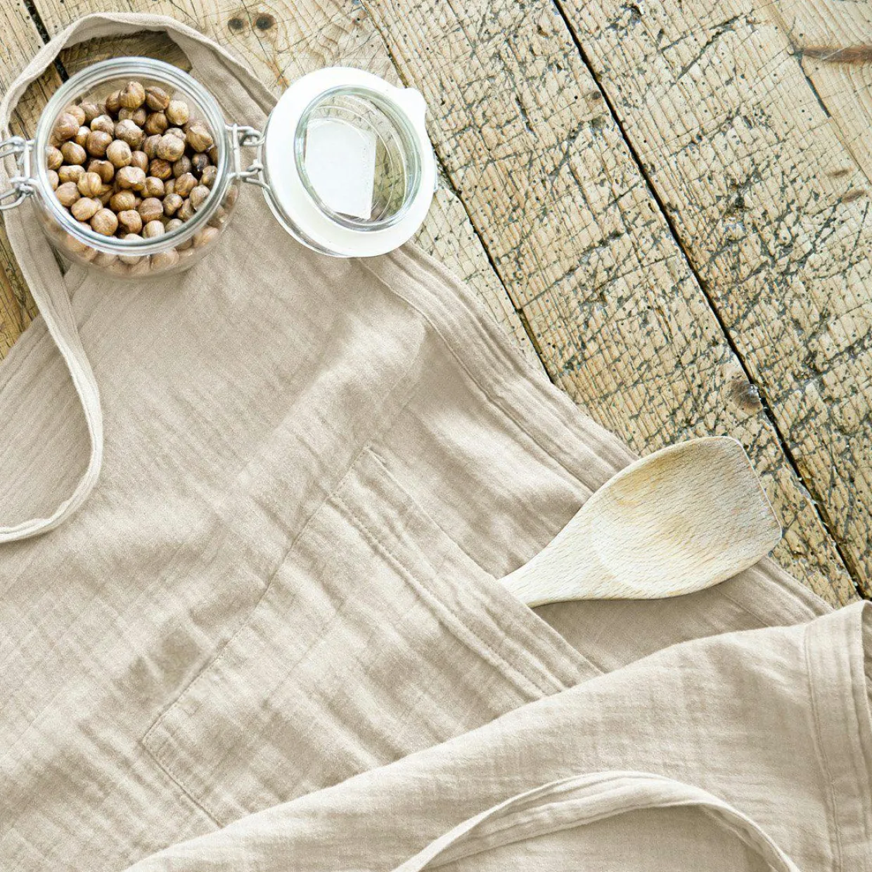 Tablier avec poches gaze de coton Gaïa Beige pampa