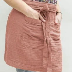 Tablier avec poches gaze de coton Gaïa Rose pêche