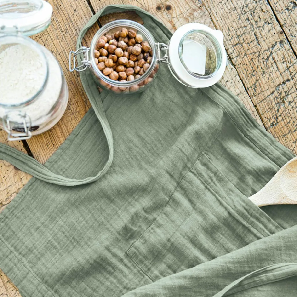 Tablier avec poches gaze de coton Gaïa Vert eucalyptus