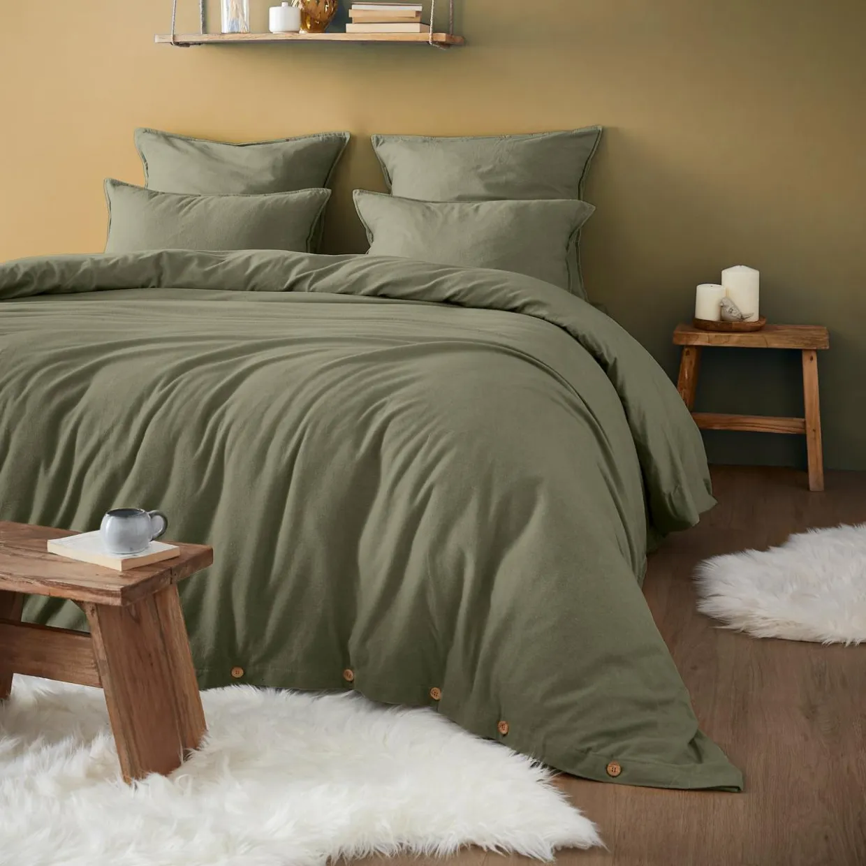 Taie de traversin flanelle de coton (L185 cm) Théa Vert romarin