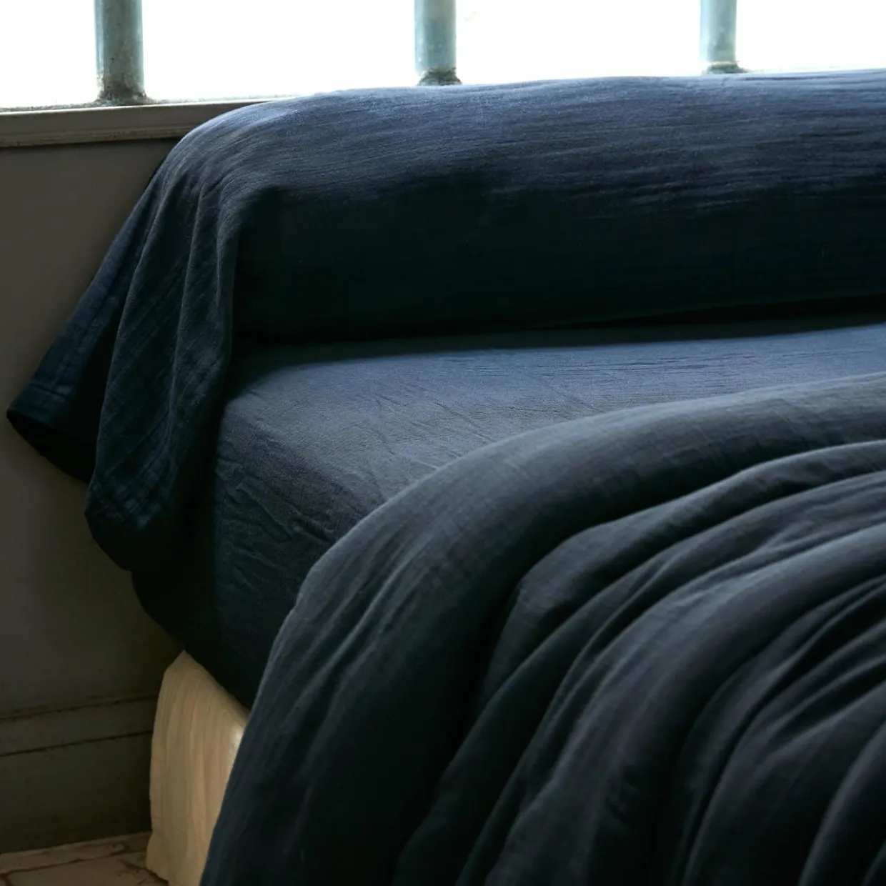 Taie de traversin gaze de coton (L185 cm) Gaïa Bleu nuit