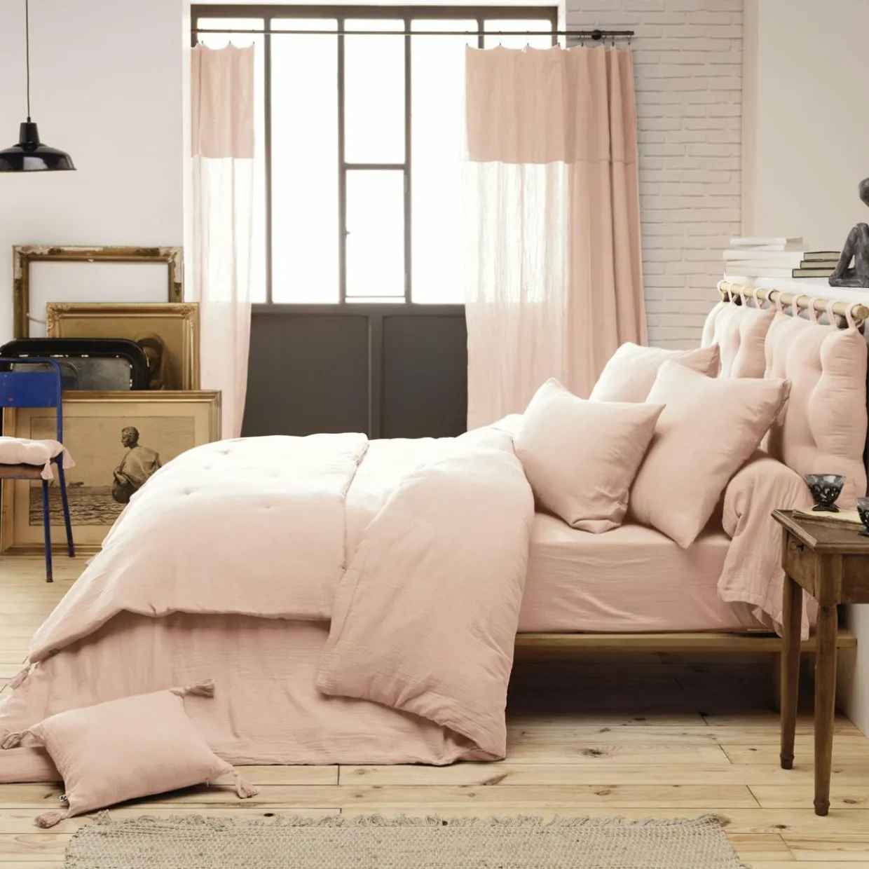 Taie de traversin gaze de coton (L185 cm) Gaïa Rose poudré
