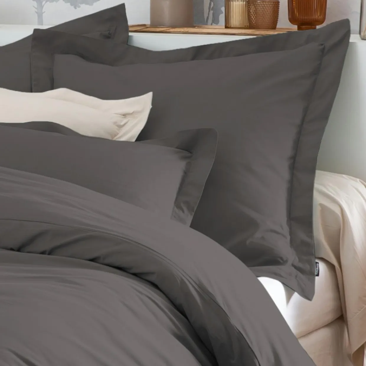 Taie de traversin percale de coton (L185 cm) Cali Gris anthracite