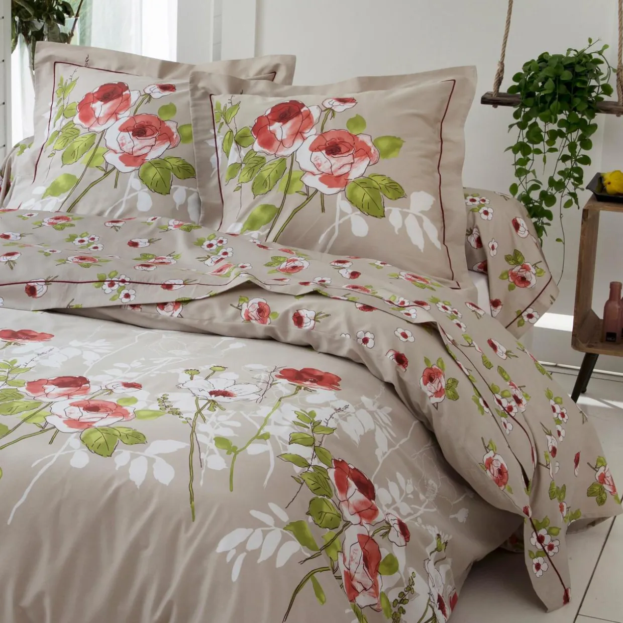 Taie de traversin satin de coton (L200 cm) Roseraie Marron ficelle