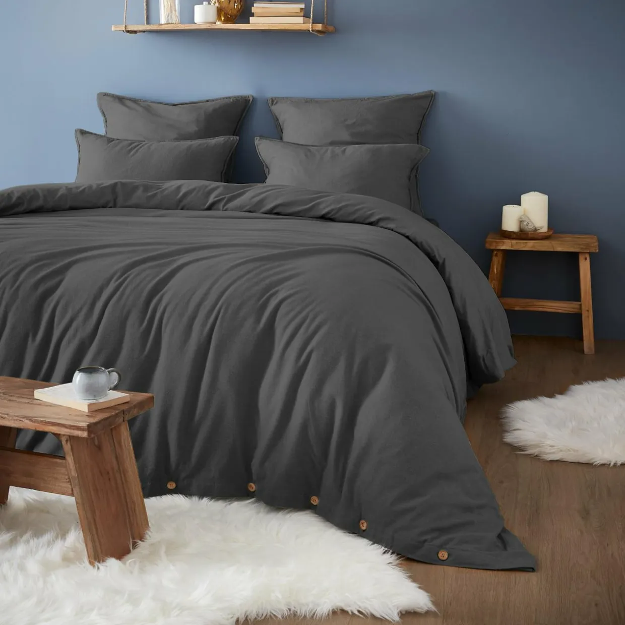 Taie d'oreiller carrée flanelle de coton (63 x 63 cm) Théa Gris anthracite