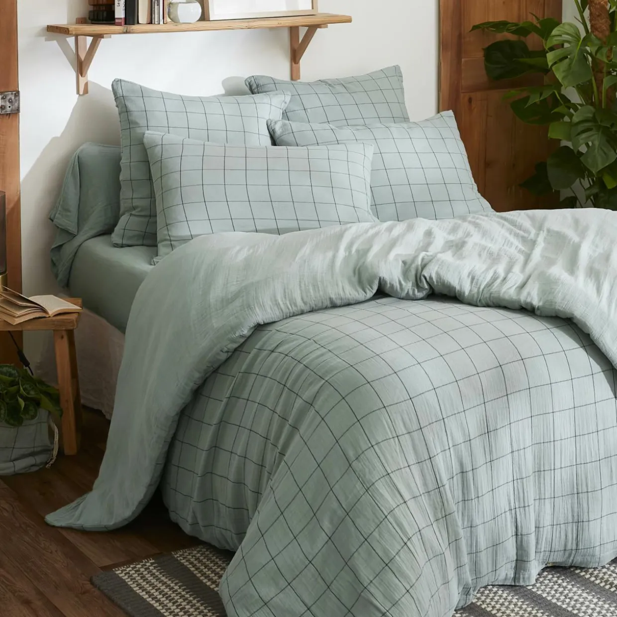 Taie d'oreiller carrée gaze de coton (60 x 60 cm) Gaïa Match Vert eucalyptus