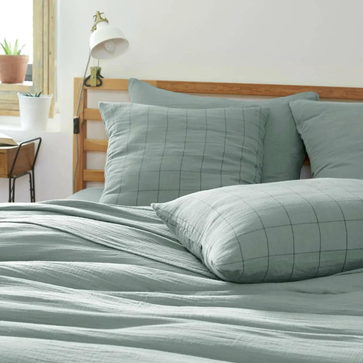 Taie d'oreiller rectangulaire gaze de coton (50 x 70 cm) Gaïa Match Vert eucalyptus