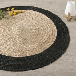 Tapis de salon jute rond (120 cm) Bord Noir