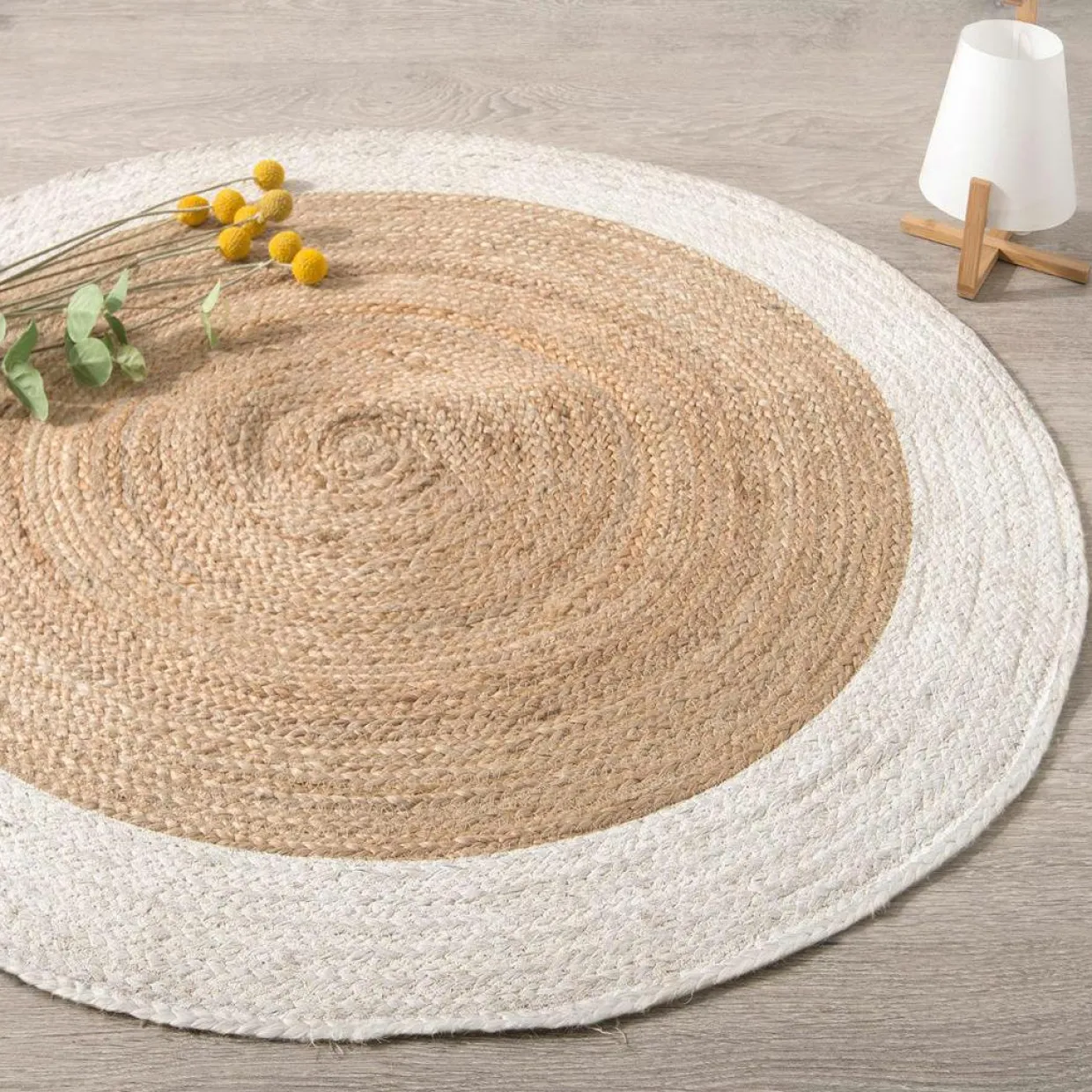 Tapis de salon jute rond (D120 cm) Bord Blanc