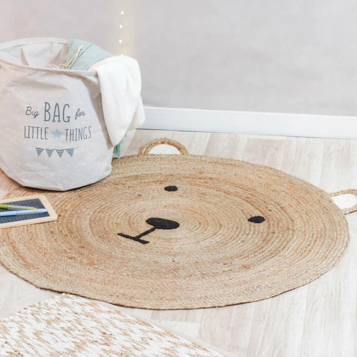 Tapis rond jute enfant (100 cm) Ourson Beige