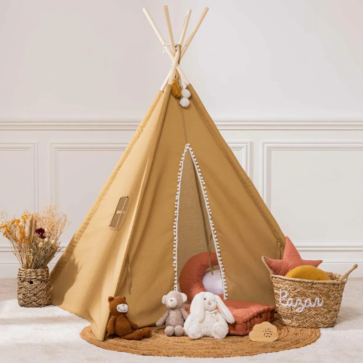 Tipi enfant bois et tissu (H160 cm) Wapi Jaune ocre