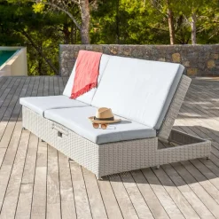 Transat double en résine tressée - Canapé de jardin Calvi Blanc et gris clair