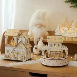 Village de Noël en bois lumineux animé et musical à piles (H22 cm) Pavillon festif