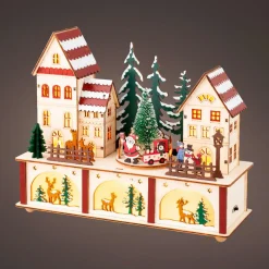 Village de Noël en bois lumineux et musical à piles (27 x H22 cm) Cœur du village Coloré