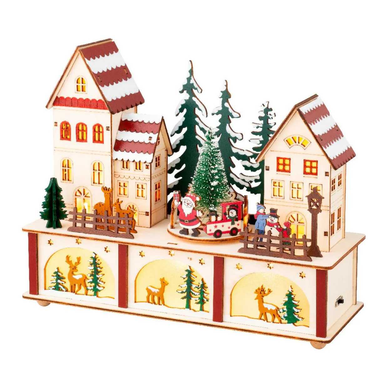 Village de Noël en bois lumineux et musical à piles (27 x H22 cm) Cœur du village Coloré
