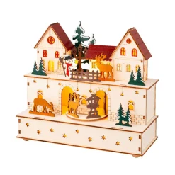 Village de Noël en bois lumineux et musical à piles (24 x H21 cm) Village et animaux