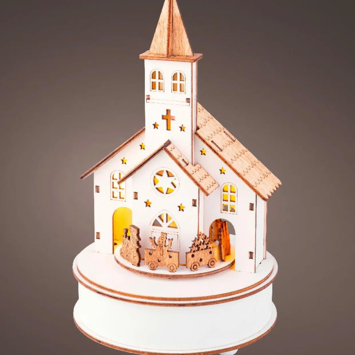 Village de Noël en bois lumineux et musical à piles (H24 cm) Église et train