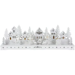 Village de Noël en bois lumineux à piles (45 x H15 cm) Square enchanté Blanc