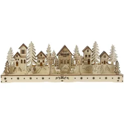 Village de Noël en bois lumineux à piles (45 x H15 cm) Square enchanté Naturel