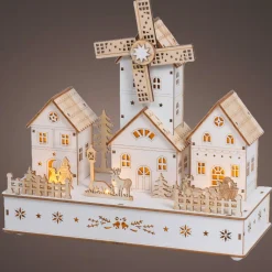 Village de Noël en bois lumineux musical et animé à piles (H26 cm) Moulin et hameau