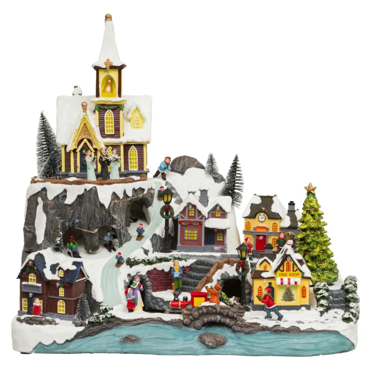 Village de Noël lumineux animé et musical (H45 cm) Grande église et train