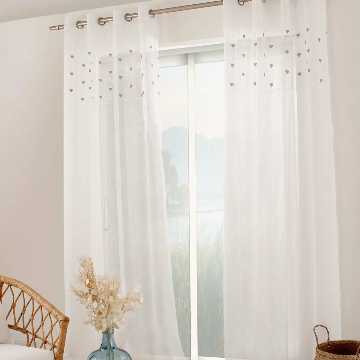 Voilage œillets (140 x 240 cm) Coeurs Beige