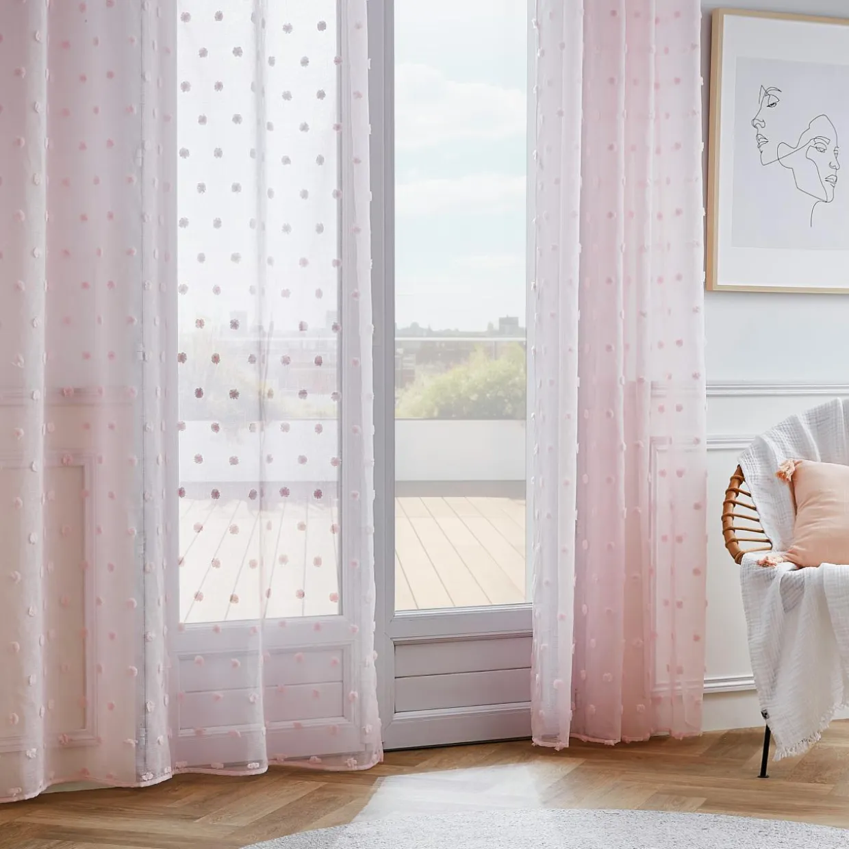 Voilage oeillets pompons (140 x 280 cm) Emie Rose